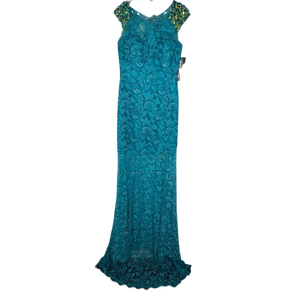 Flirt by Maggie Sottero NEW prom pageant Aqua Full Lace Beaded Mermaid Gown 10